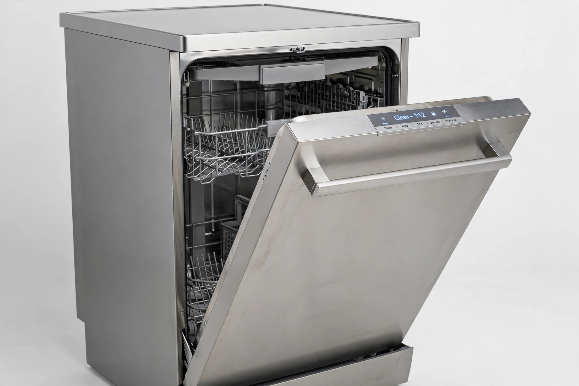 Stainless steel dishwasher with door open