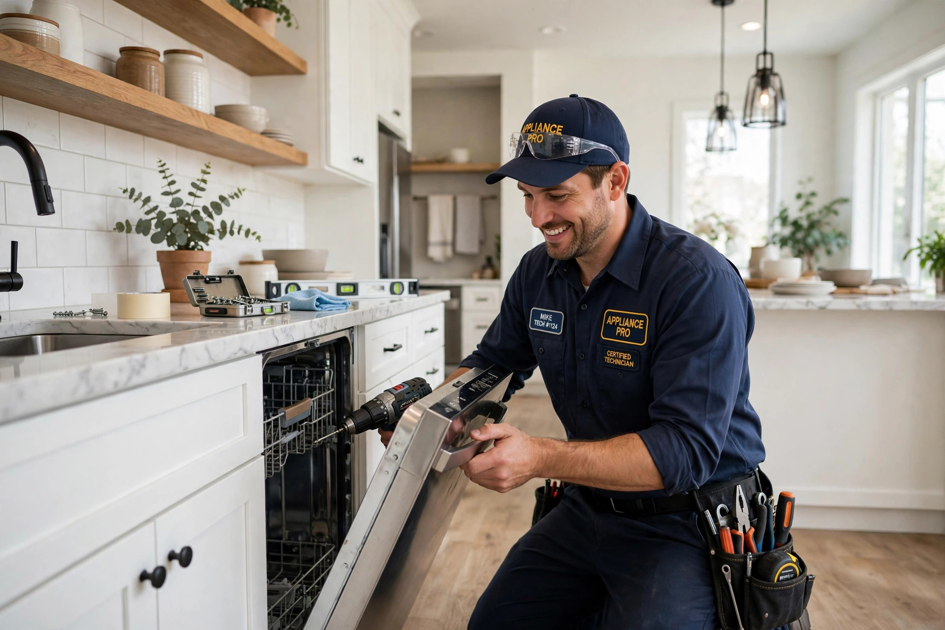 Technician installing a dishwasher in a kitchen